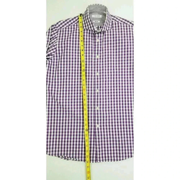 Isaac Mizrahi New York 15.5 32-33 Slim Fit Purple White Check Spread Collar Men - Picture 9 of 10